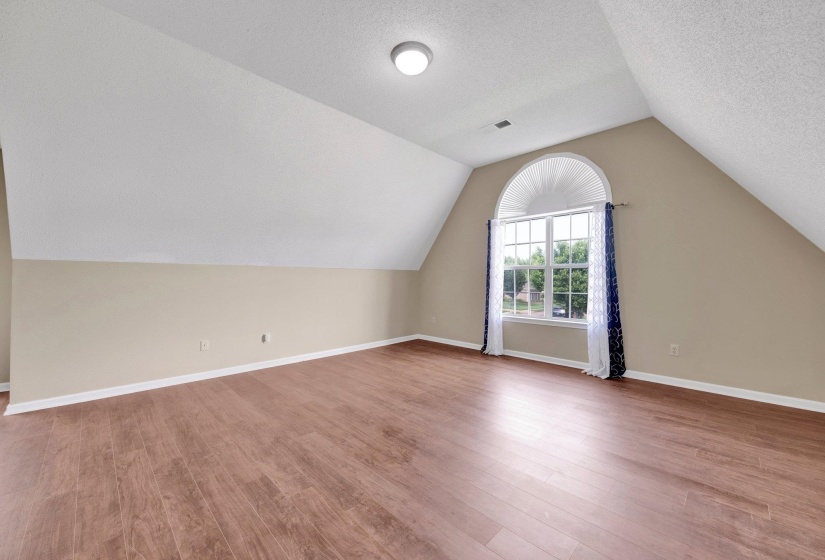 Additional living space featuring wood finished floors, lofted ceiling, and a textured ceiling