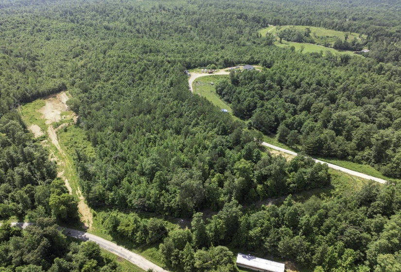 Aerial overview of property's location featuring a forest