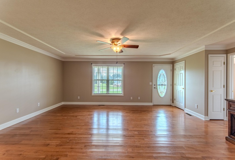 Entrance foyer featuring ceiling fan, plenty of natural light, a textured ceiling, ornamental molding, and wood finished floors