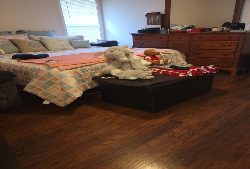 Bedroom with dark wood-style floors