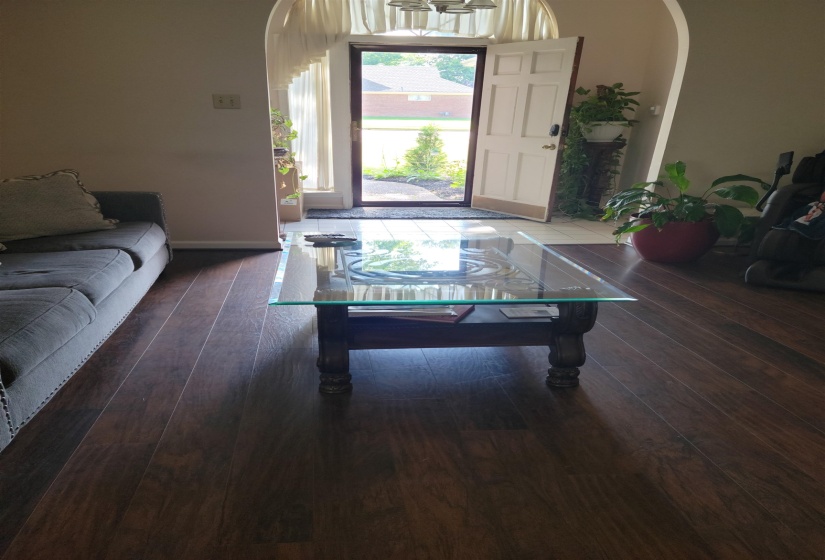 Rec room with hardwood / wood-style flooring and arched walkways