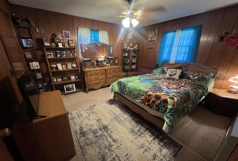 Carpeted bedroom with wood walls, multiple windows, and ceiling fan
