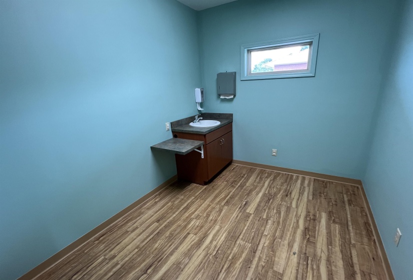 Interior space with wood finished floors, baseboards, and a sink
