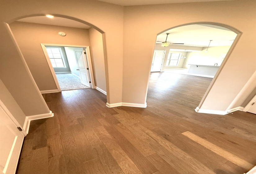 Hall with arched walkways and dark wood-style flooring