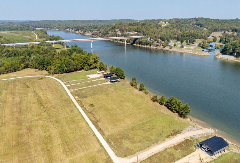 Aerial view of a notable bridge and a nearby body of water