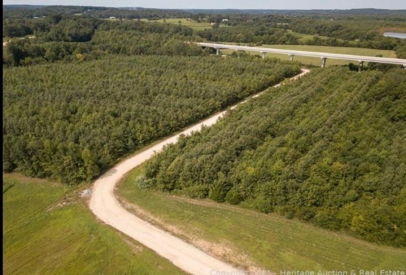 Overview of rural landscape featuring a heavily wooded area