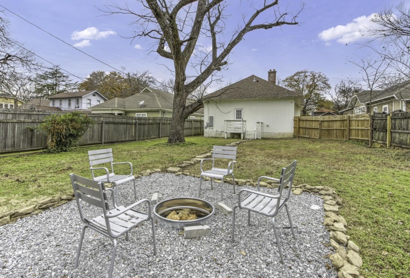 Fenced backyard with a fire pit and a patio area