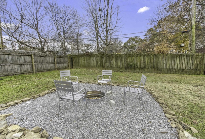 Fenced backyard featuring an outdoor fire pit and a patio area