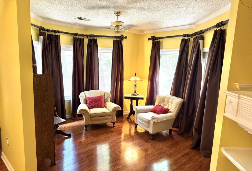 Living area featuring ornamental molding, wood finished floors, a ceiling fan, and a textured ceiling