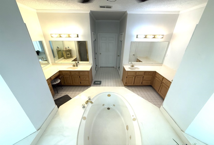 Full bathroom featuring crown molding, a textured ceiling, two vanities, and a whirlpool tub