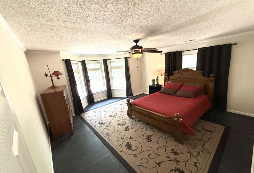 Bedroom featuring crown molding, ceiling fan, multiple windows, and a textured ceiling