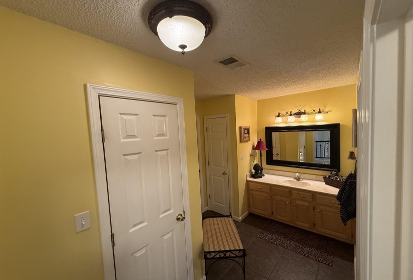 Bathroom featuring a textured ceiling, vanity, and dark tile patterned floors