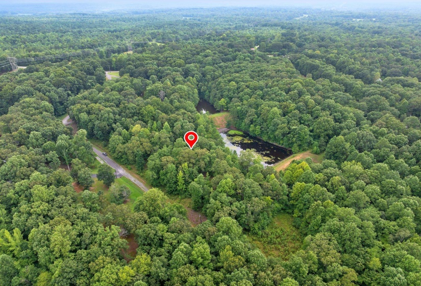 Aerial overview of property's location featuring a heavily wooded area