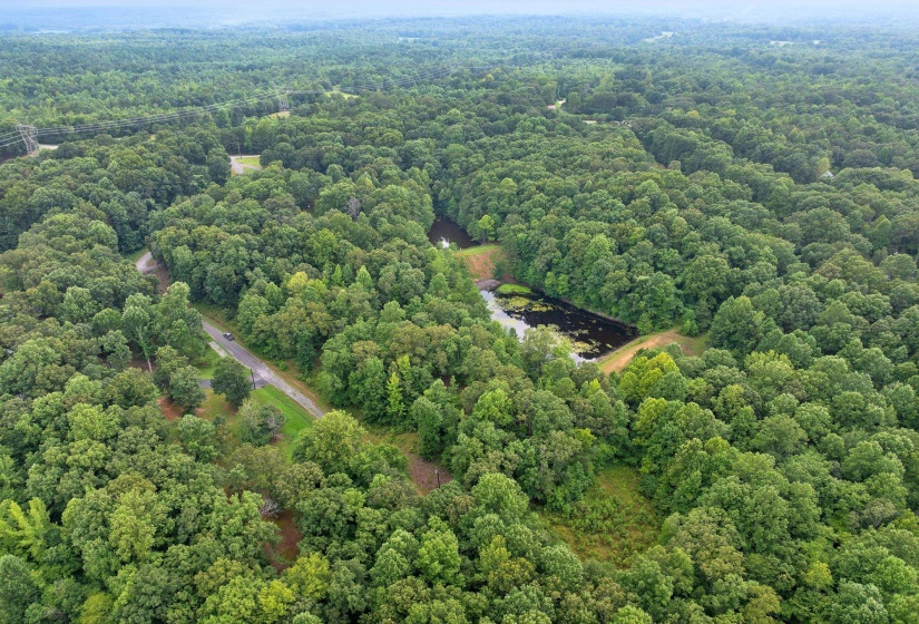 Aerial view of property's location featuring a heavily wooded area