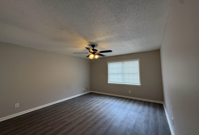 Unfurnished room with dark wood-style flooring, a textured ceiling, and ceiling fan