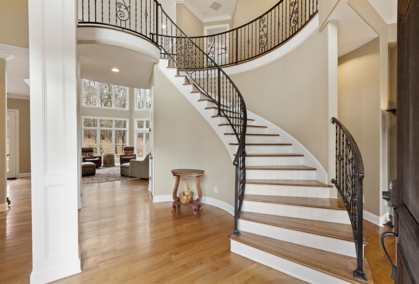 Foyer entrance featuring hardwood / wood-style floors, a towering ceiling, and crown molding