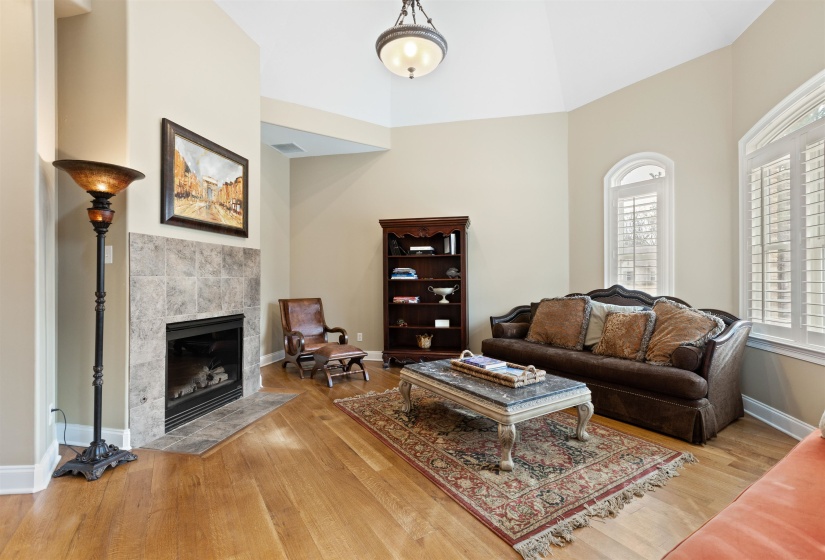 Living room featuring wood-type flooring, a tile fireplace, and vaulted ceiling
