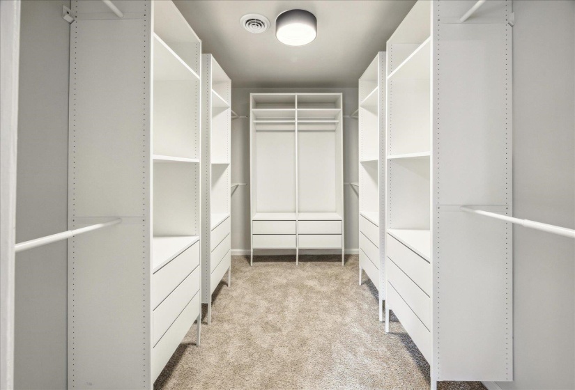 Spacious closet with light carpet