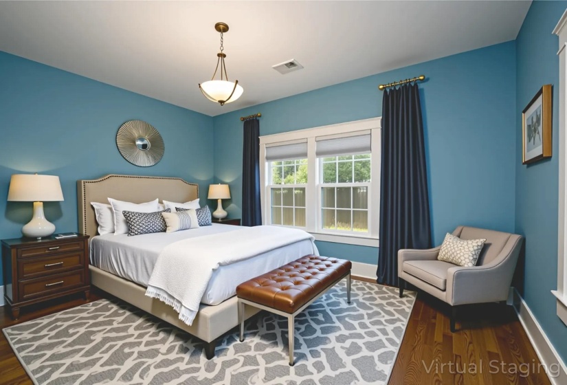 Bedroom with dark wood-style flooring