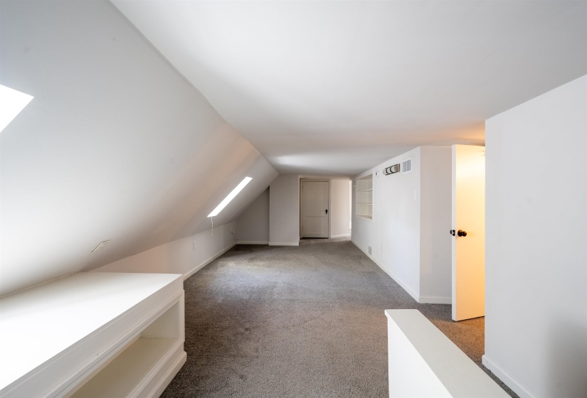 Bonus room with a skylight, light carpet, and vaulted ceiling