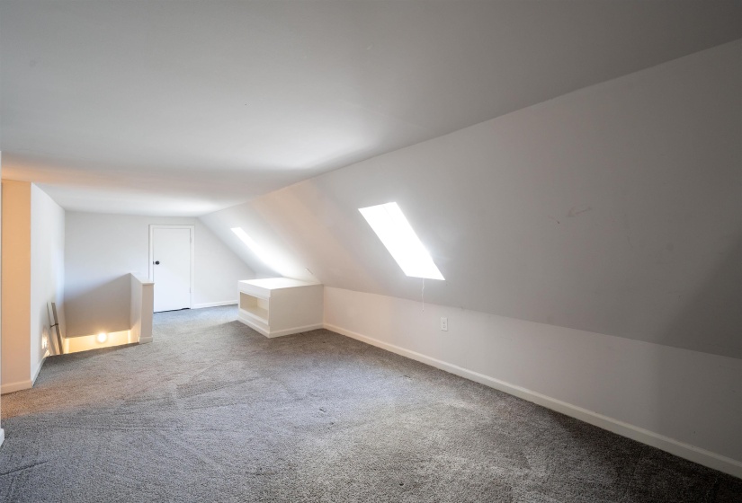 Additional living space featuring a skylight, vaulted ceiling, and carpet floors