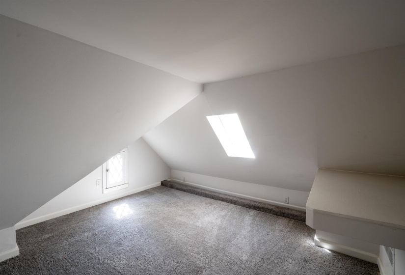 Additional living space featuring a skylight, lofted ceiling, and carpet