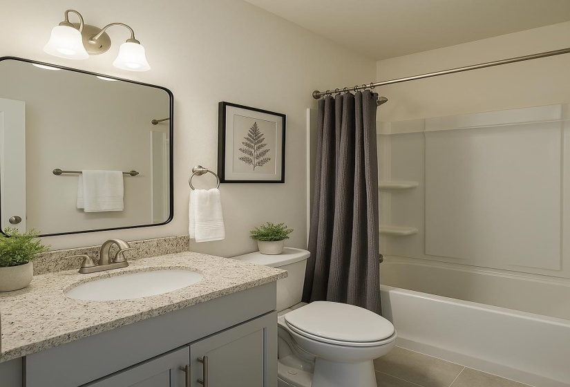 Bathroom with vanity, toilet, tile patterned flooring, and shower / tub combo with curtain