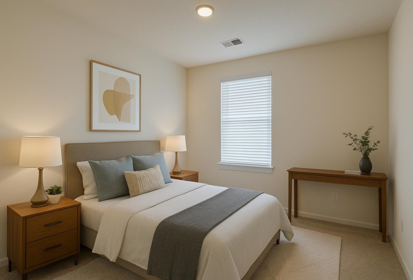 Bedroom with light carpet and baseboards
