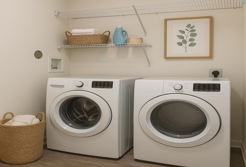 Laundry area with independent washer and dryer and wood finished floors