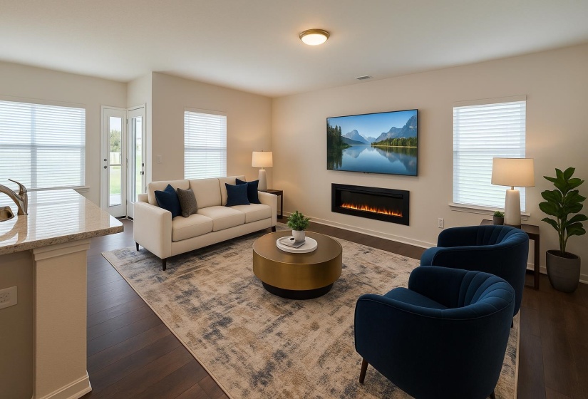 Living area featuring a glass covered fireplace, dark wood-style flooring, and baseboards