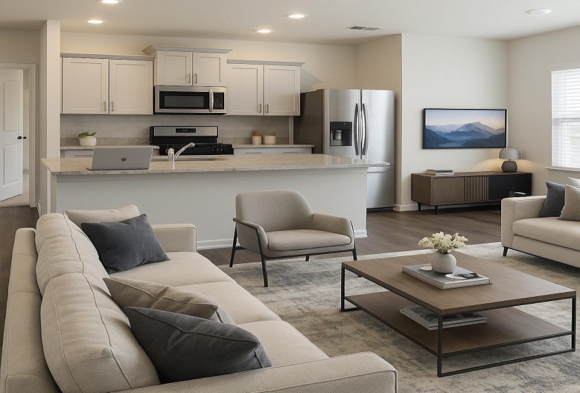 Living room with dark wood-type flooring and recessed lighting