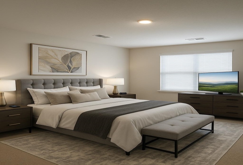 Bedroom with light carpet