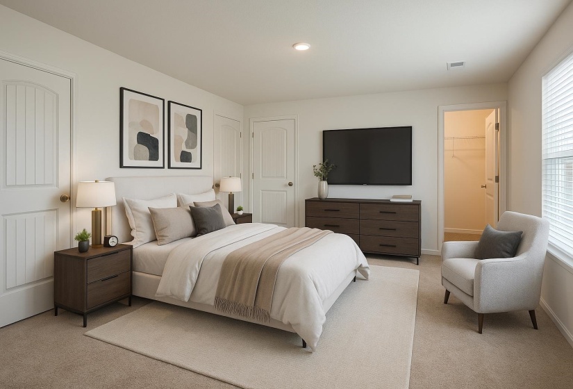 Bedroom featuring light carpet, multiple windows, baseboards, and recessed lighting