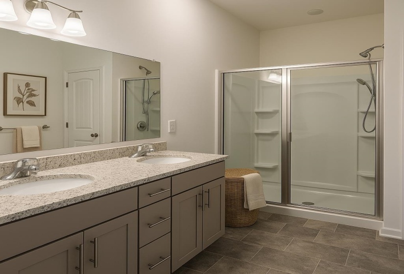 Full bathroom with a stall shower and double vanity