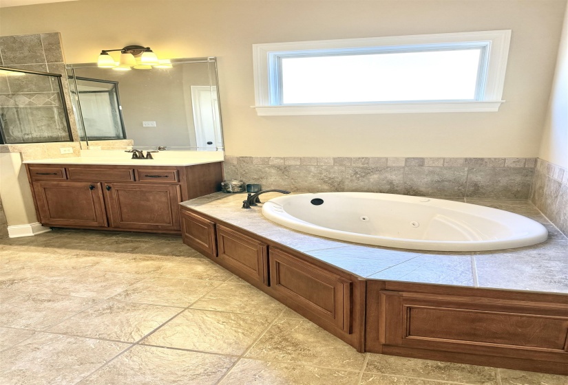 Full bath featuring healthy amount of natural light, vanity, a jetted tub, and a shower