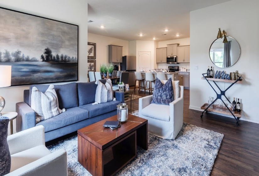 Living room with dark wood-type flooring and recessed lighting