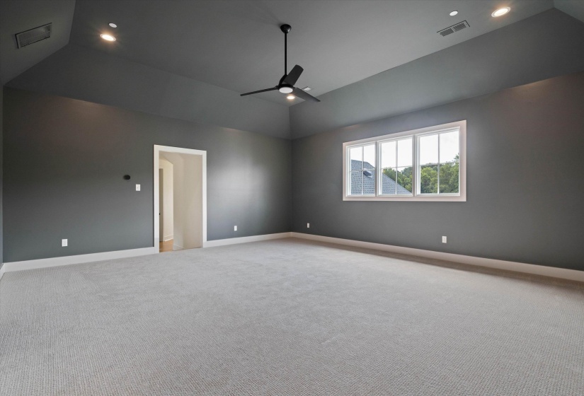 Media room with vaulted ceiling, carpet flooring, recessed lighting, and a ceiling fan