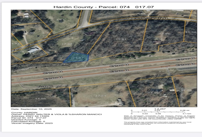 Aerial map of property and surrounding area featuring property parcel outlined