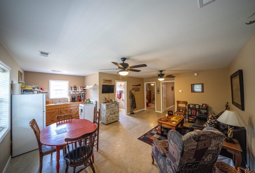 Dining space featuring concrete floors