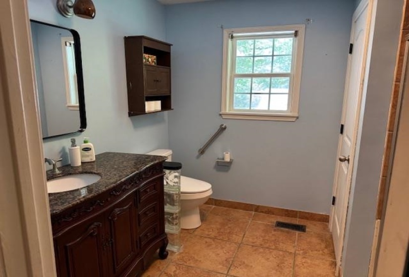 Bathroom featuring a dark wood-finish vanity with an undermount sink and stone countertop
