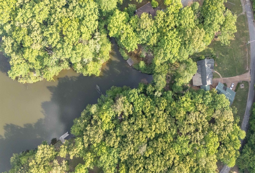 Waterfront property situated among lush green trees, featuring a private boat dock, a residential structure with a dark roof, and direct access to a paved road