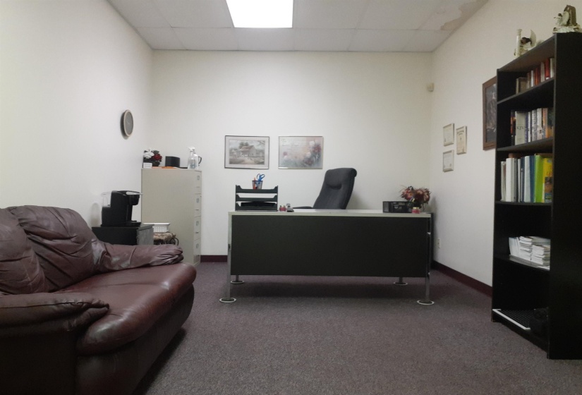 Office space featuring carpet and a paneled ceiling