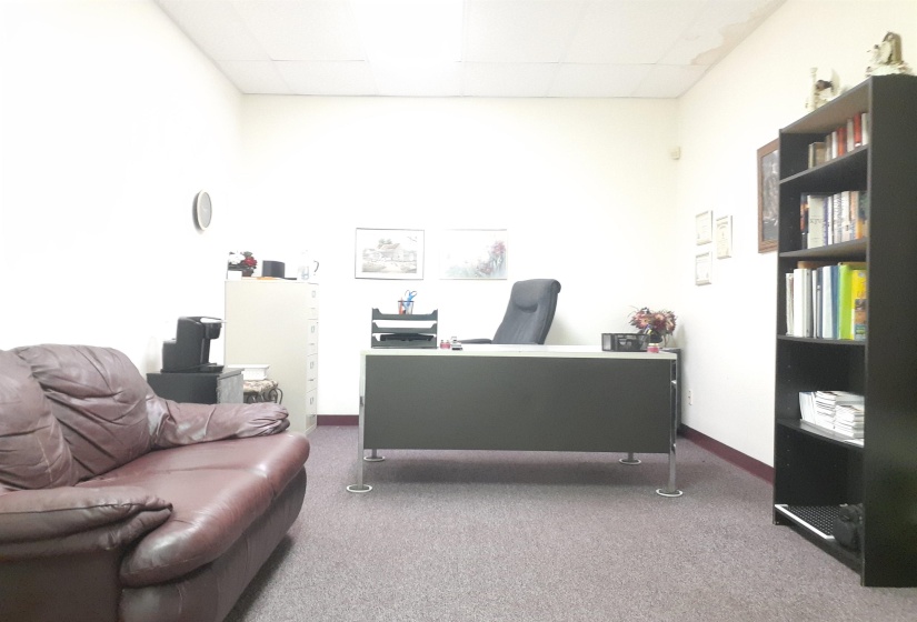 Home office with carpet and a paneled ceiling