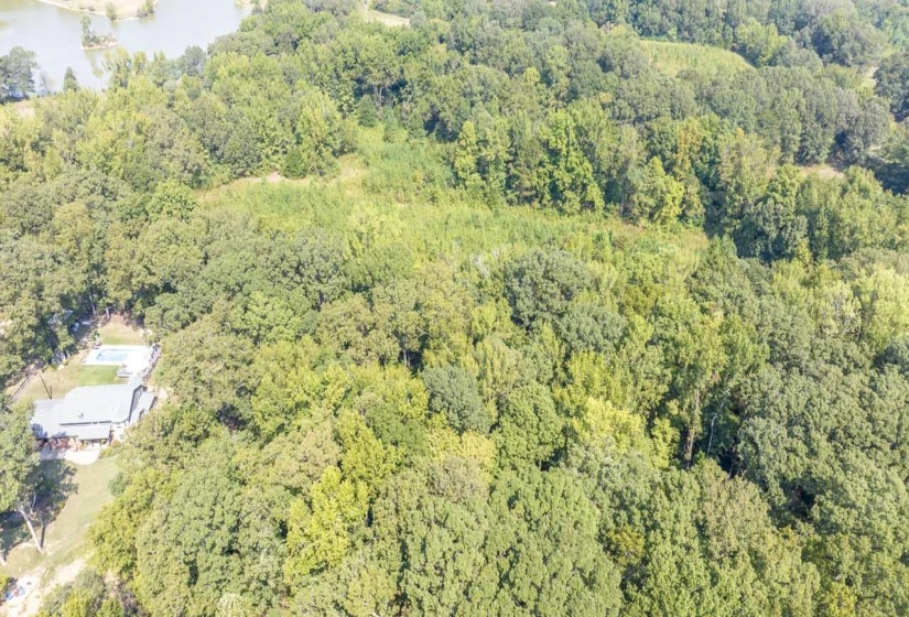 Aerial overview of property's location featuring a heavily wooded area and a nearby body of water