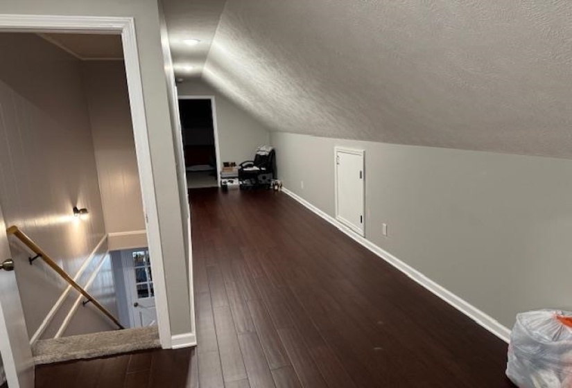 Additional living space with a textured ceiling, dark wood-style floors, and lofted ceiling