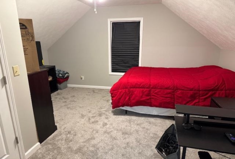 Bedroom with light colored carpet, lofted ceiling, and ceiling fan