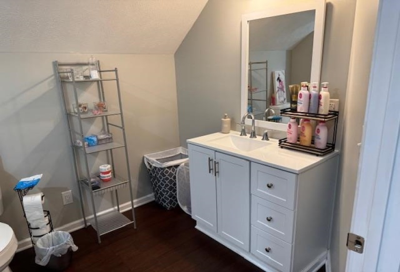 Bathroom featuring a textured ceiling, vanity, dark wood finished floors, and lofted ceiling
