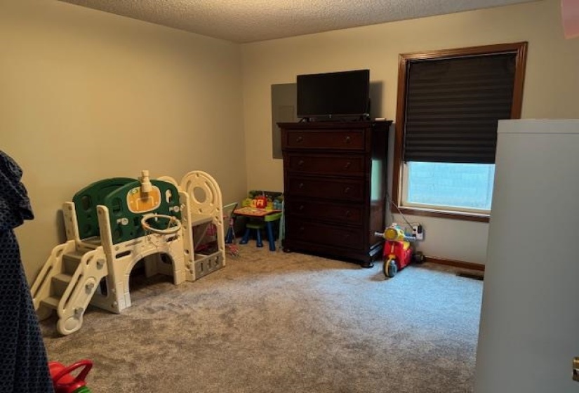 Bedroom with carpet flooring and a textured ceiling