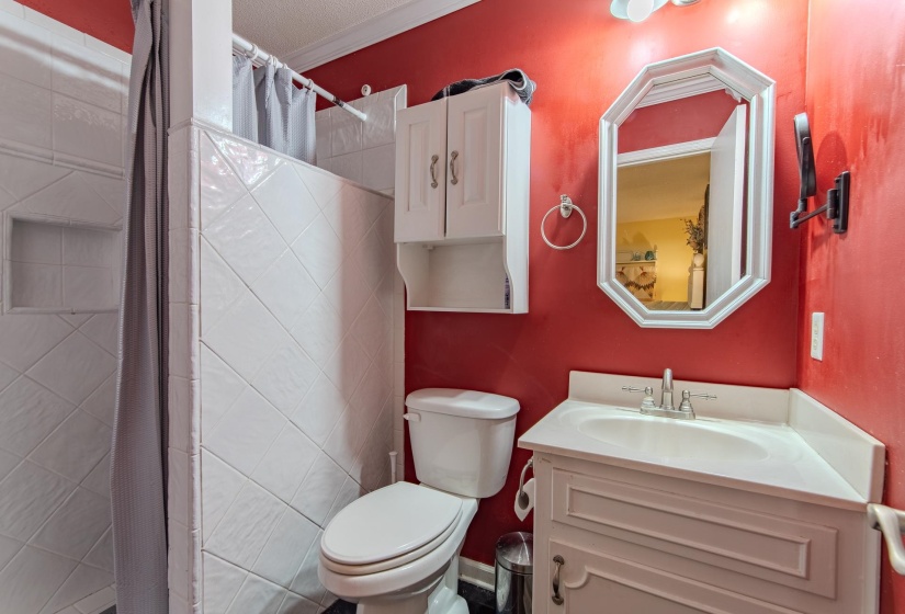 Bathroom with vanity, a shower with curtain, and ornamental molding