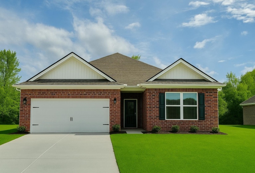 View of front of home featuring board and batten siding, brick siding, and driveway